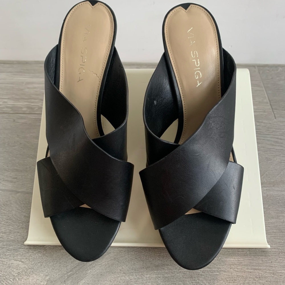 Via Spiga Black Leather Espadrille Sandal Wedges 8M - Picture 2 of 11
